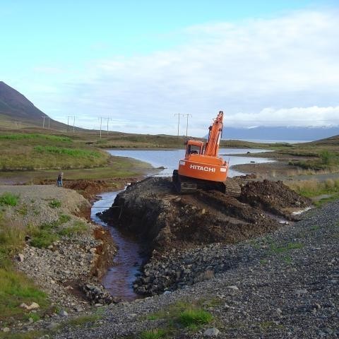 Þarna er vatnið að verða runni úr tjörninni.